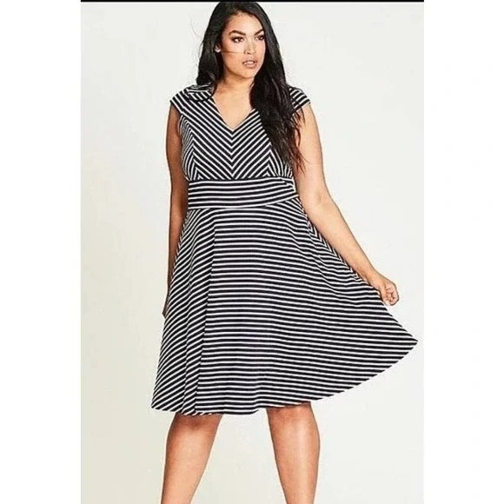 City Chic Black and White Striped Fit-and-Flare Dress